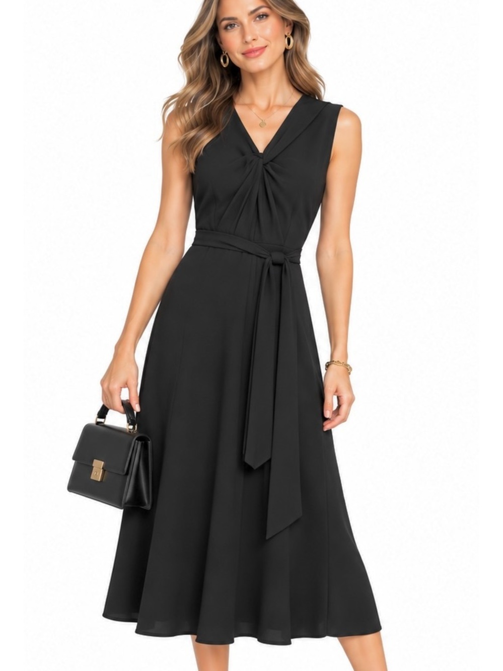 David Meister LBD Size 4 Black Midi Dress Sleeveless Draped Neck Tie Belt A-Line